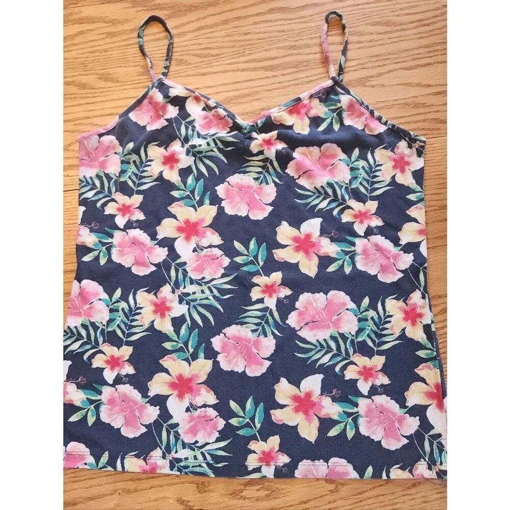 E39 No Boundaries pink & yellow floral on navy Ribbed Tank Top- spaghetti straps